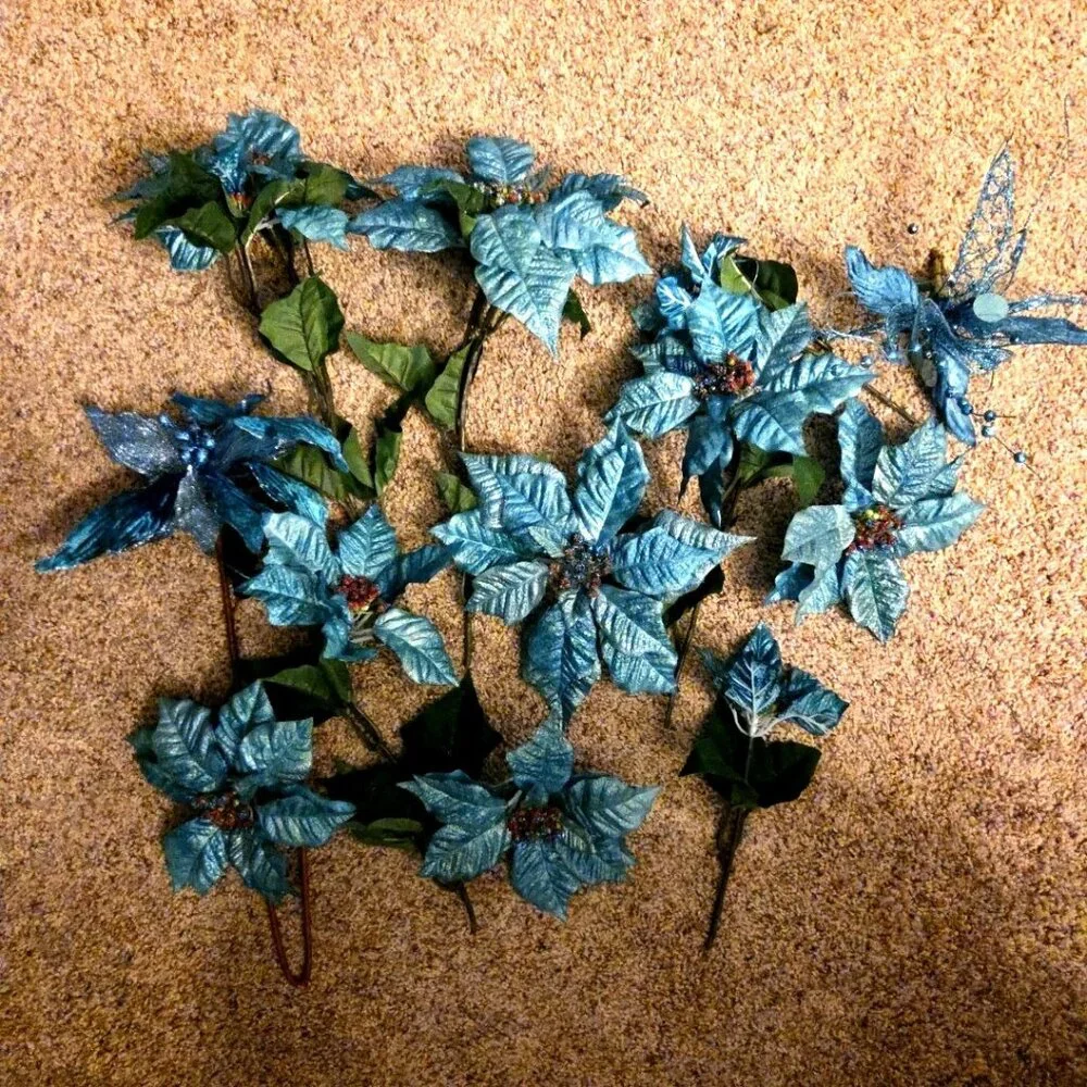 12 Teal Silk Poinsettia Flowers Christmas Tree Decor 5-9